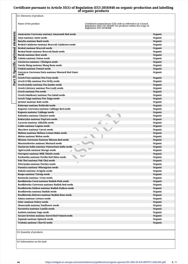 Certificado ecológico 2026-2027 – lista de productos