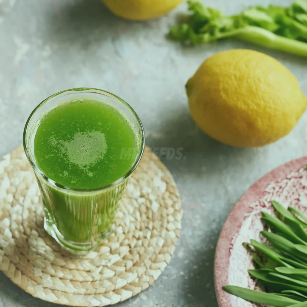 This photograph shows a glass of juice made of microgreens