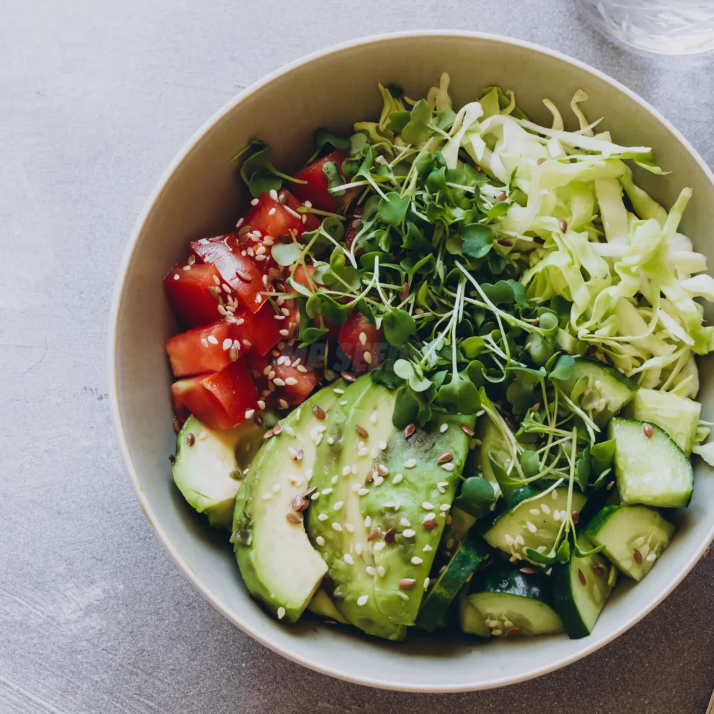 This photograph shows buddha bowl with microgreens.