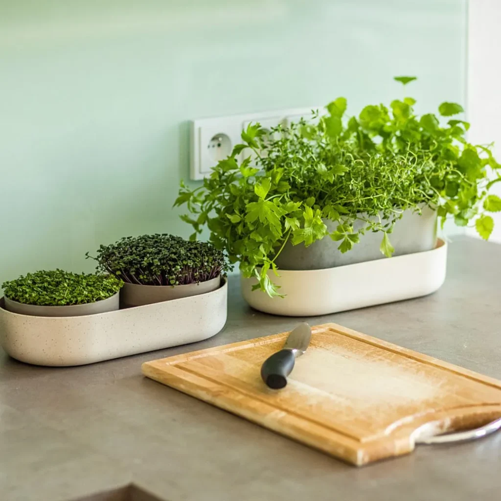 Microgreens en macetas sobre la encimera de la cocina.