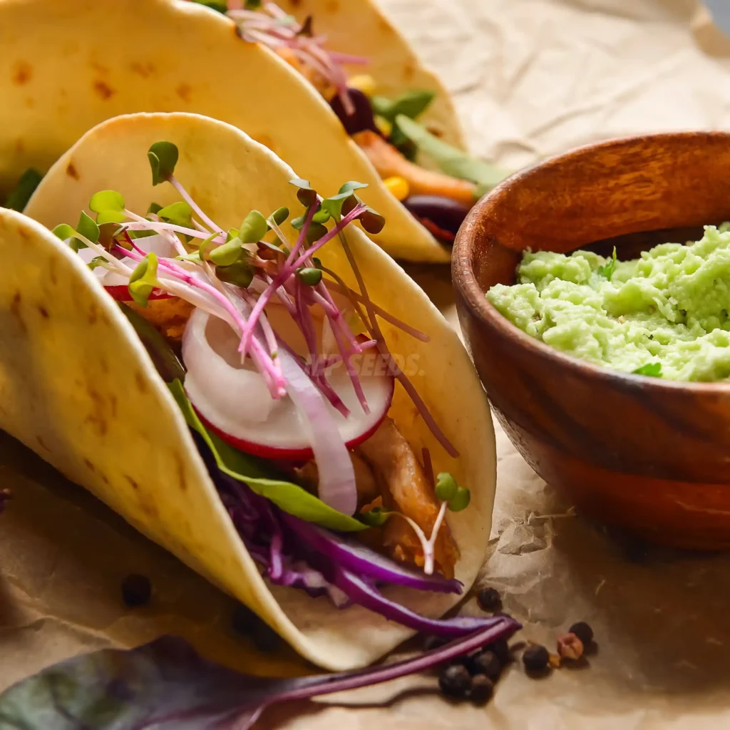 Tacos con microgreens y guacamole