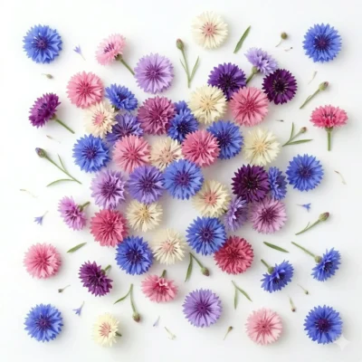 Image générée par l'IA représentant des fleurs comestibles de bleuet Polka Dot, illustrant leur potentiel décoratif et leur attrait visuel dans une présentation culinaire moderne.
