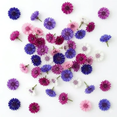 Image générée par l'IA représentant des fleurs comestibles de bleuet Double Mixed, illustrant leur potentiel décoratif et leur attrait visuel dans une présentation culinaire moderne.