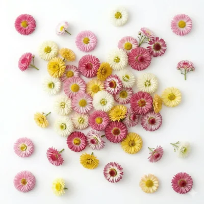 Image de fleurs comestibles de marguerite anglaise aux pétales éclatants et stylisés, illustrant leur potentiel décoratif et leur attrait visuel dans une présentation culinaire moderne.