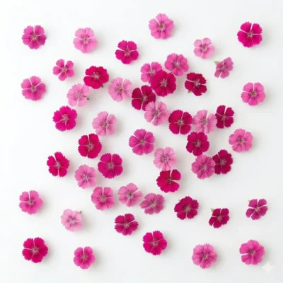 Image générée par l'IA représentant des fleurs comestibles Maiden Pink, illustrant leur potentiel décoratif et leur attrait visuel dans une présentation culinaire moderne.
